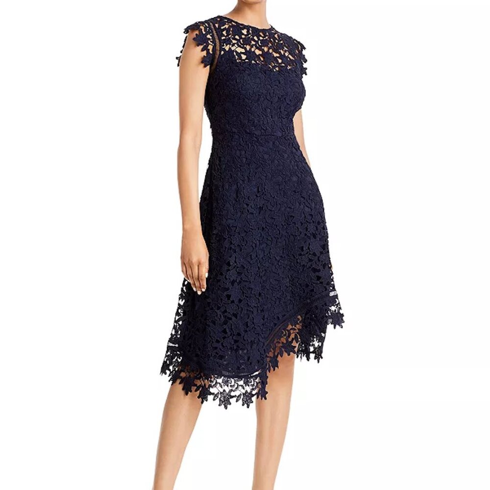 Eliza J Asymetric Lace Dress Navy Size 4 Short Sleeve Cocktail Formal Feminine